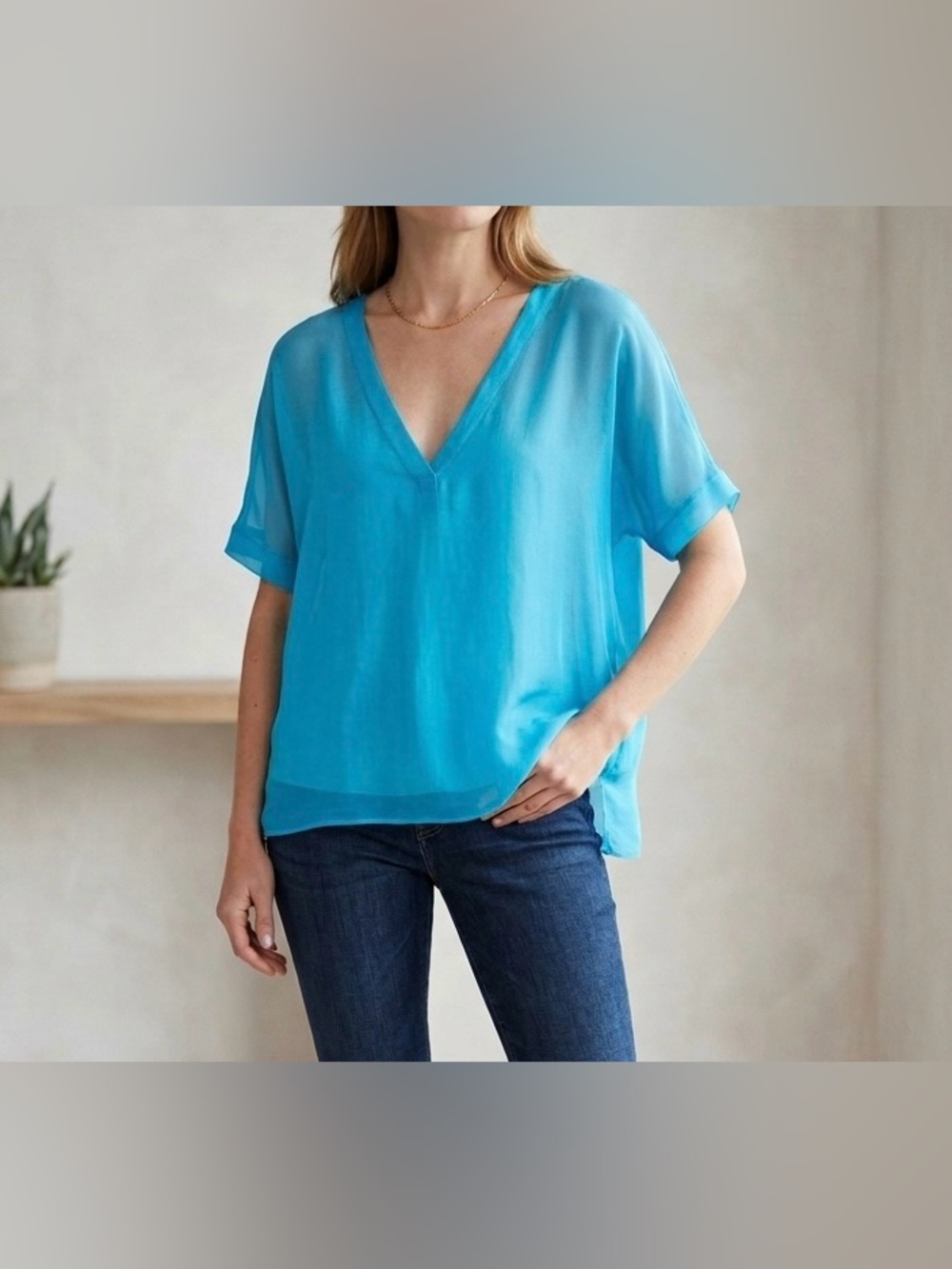 Gigi Moda Made in Italy Silk Blend Turquoise V Neck Dolman Top Boho Size S/M